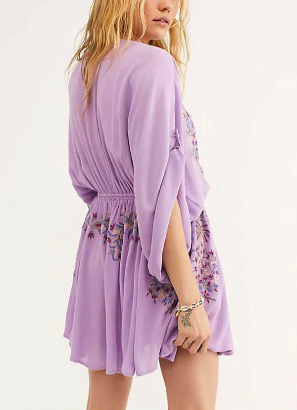Soft Rayon Violet Floral Stitching Bohemian Dress – view 3