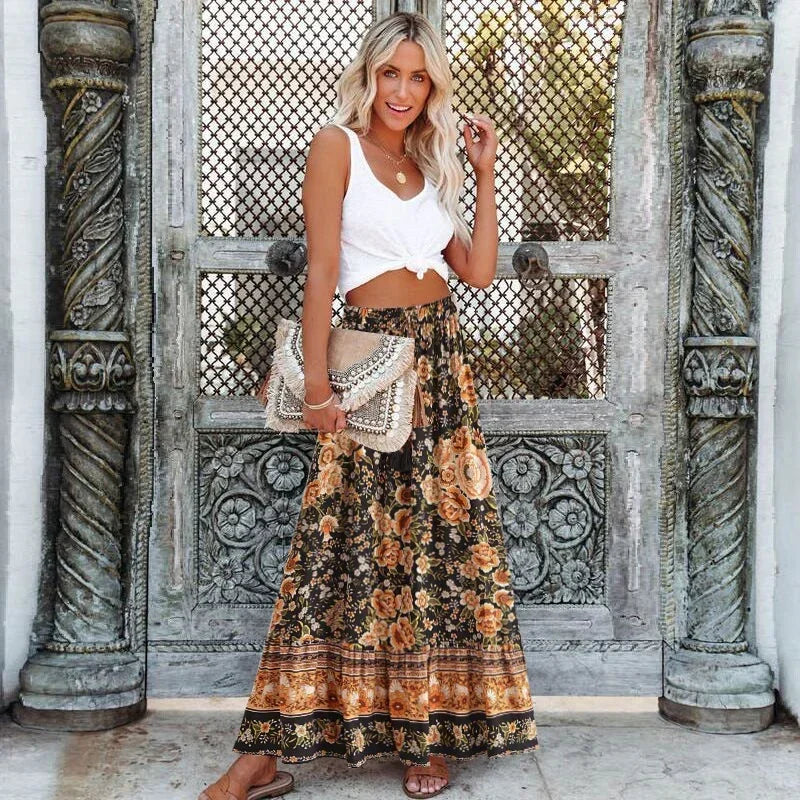 Black Floral Print Pleated Bohemian Skirt Elastic Waist A-Line Rayon Maxi