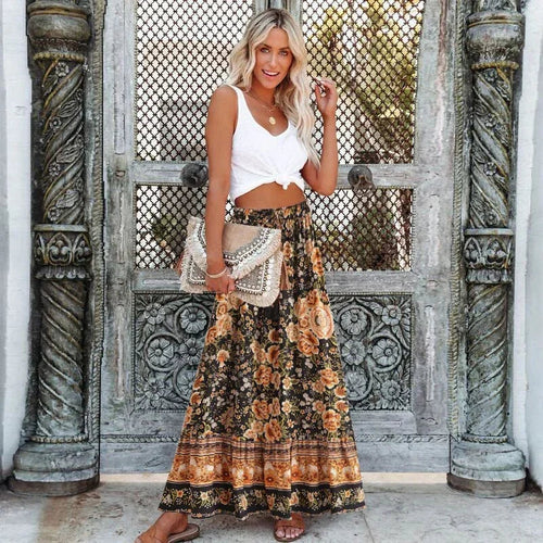 Black Floral Print Pleated Bohemian Skirt Elastic Waist A-Line Rayon Maxi