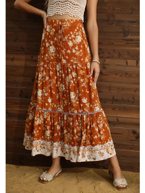 Floral Pleated Boho A-Line Rayon Maxi Skirt