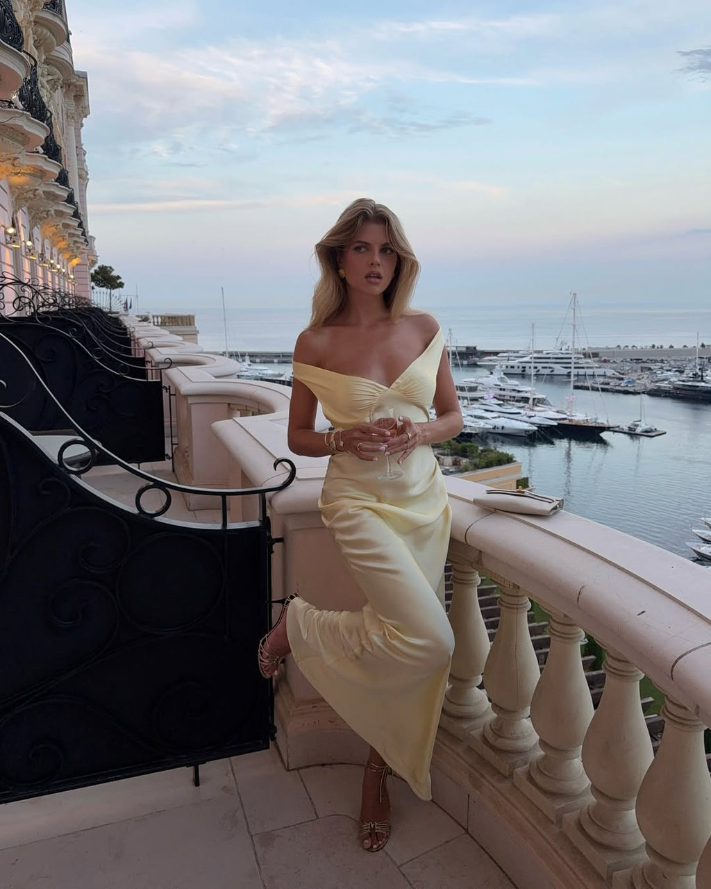 Satin Off Shoulder Slip Maxi Wedding Guest Dress