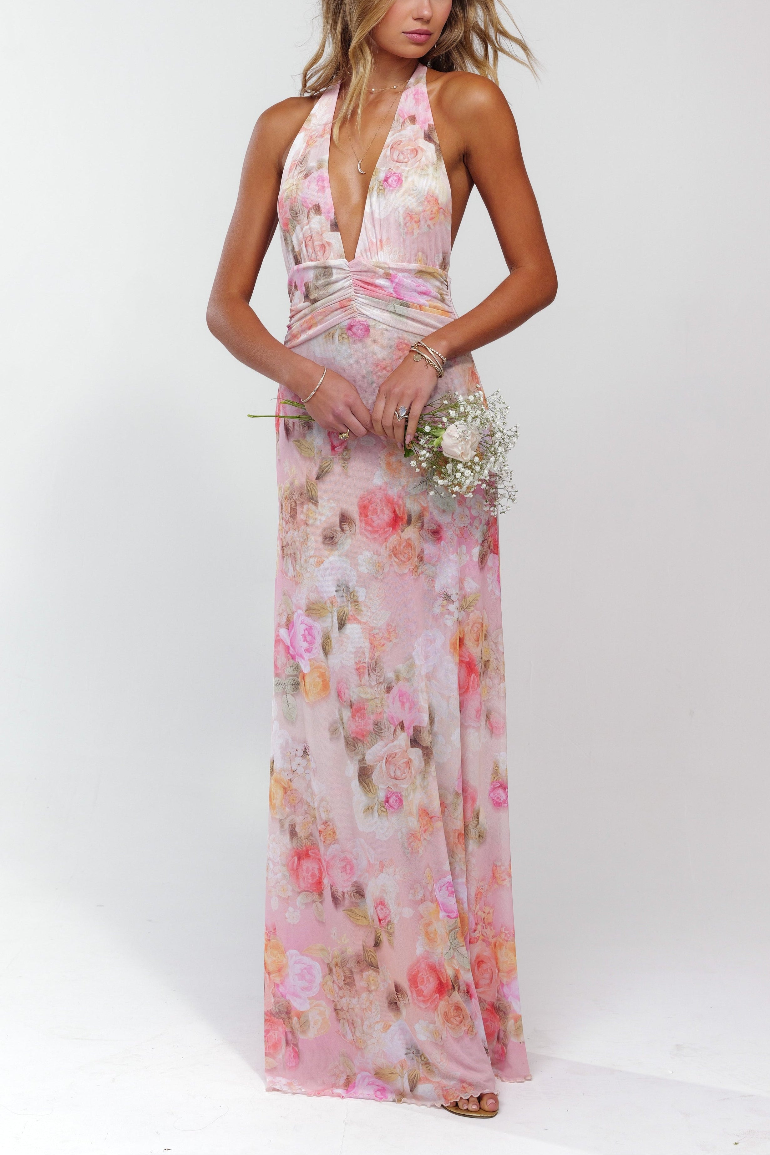 Watercolour Floral Halter Plunge Ruched Waist Flowy Maxi Dress - Wedding Guest