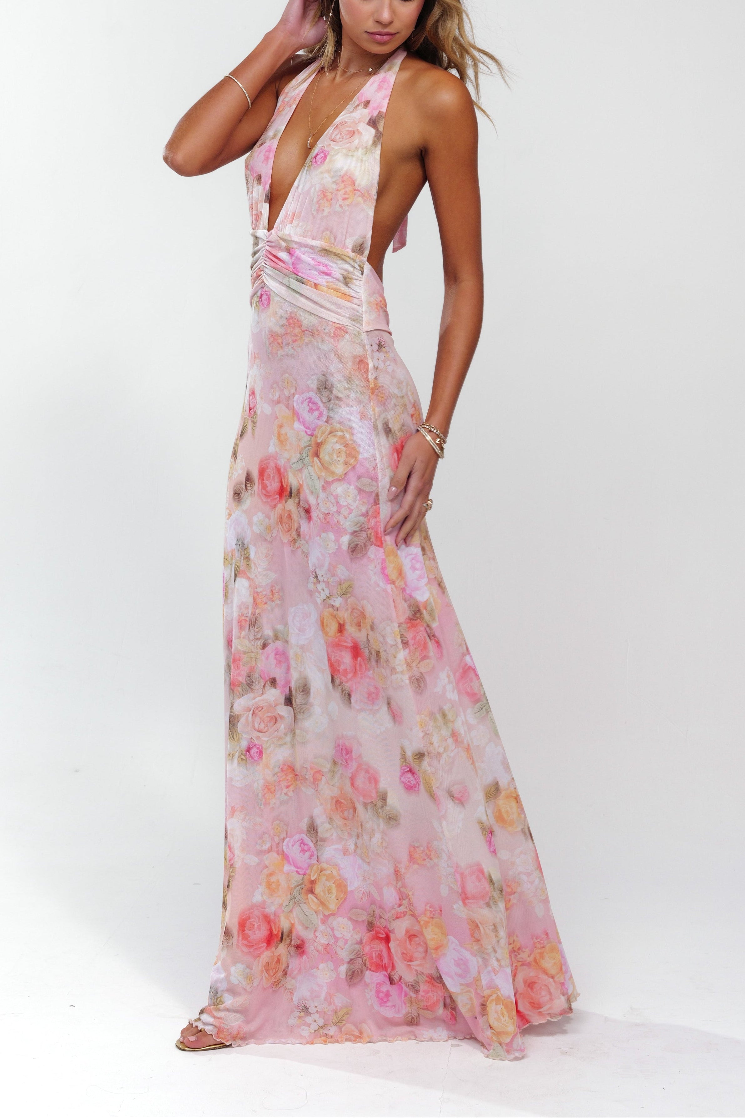 Watercolour Floral Halter Plunge Ruched Waist Flowy Maxi Dress - Wedding Guest