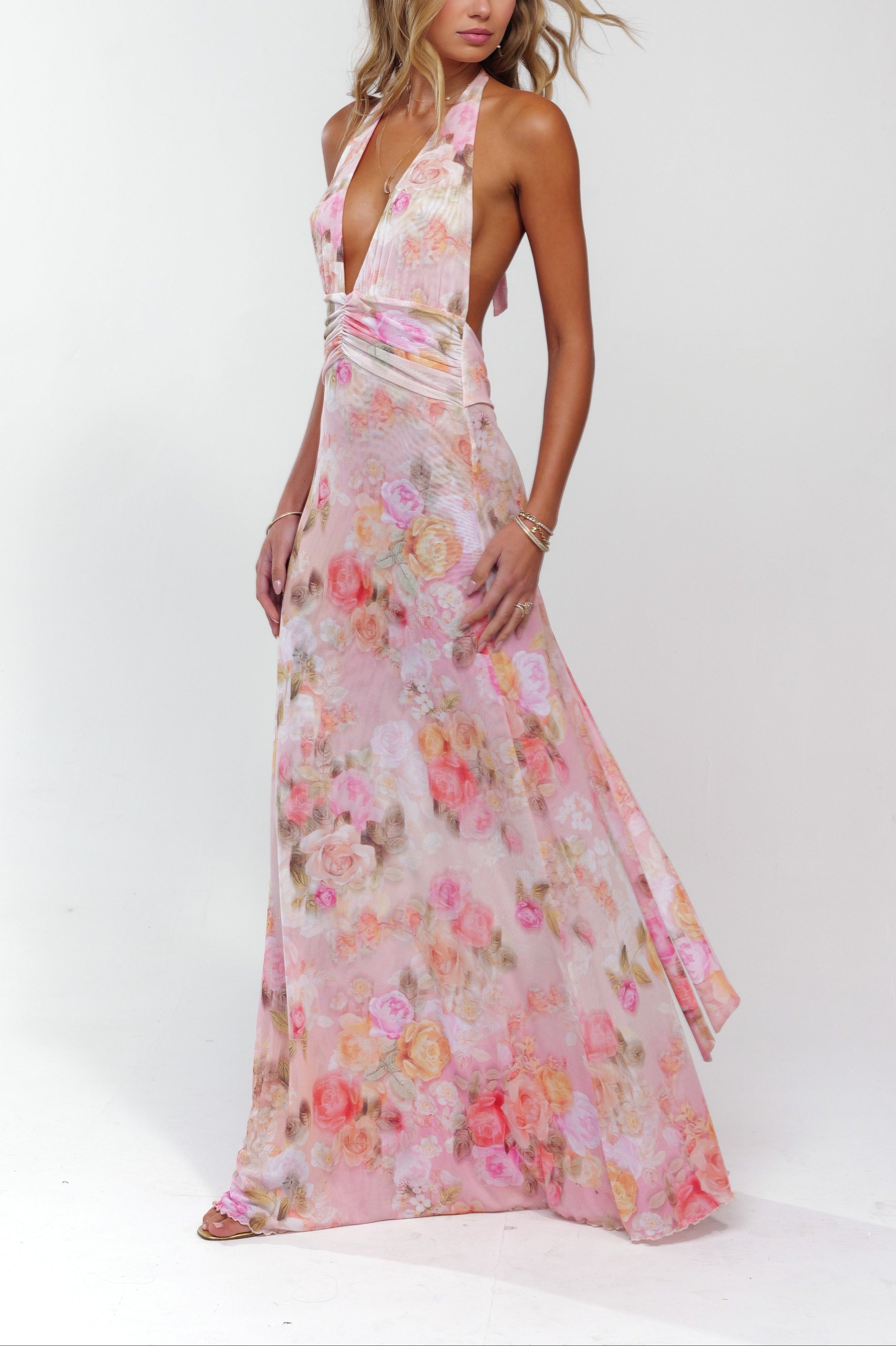 Watercolour Floral Halter Plunge Ruched Waist Flowy Maxi Dress - Wedding Guest
