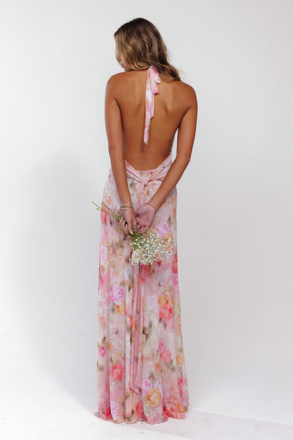 Watercolour Floral Halter Plunge Ruched Waist Flowy Maxi Dress - Wedding Guest