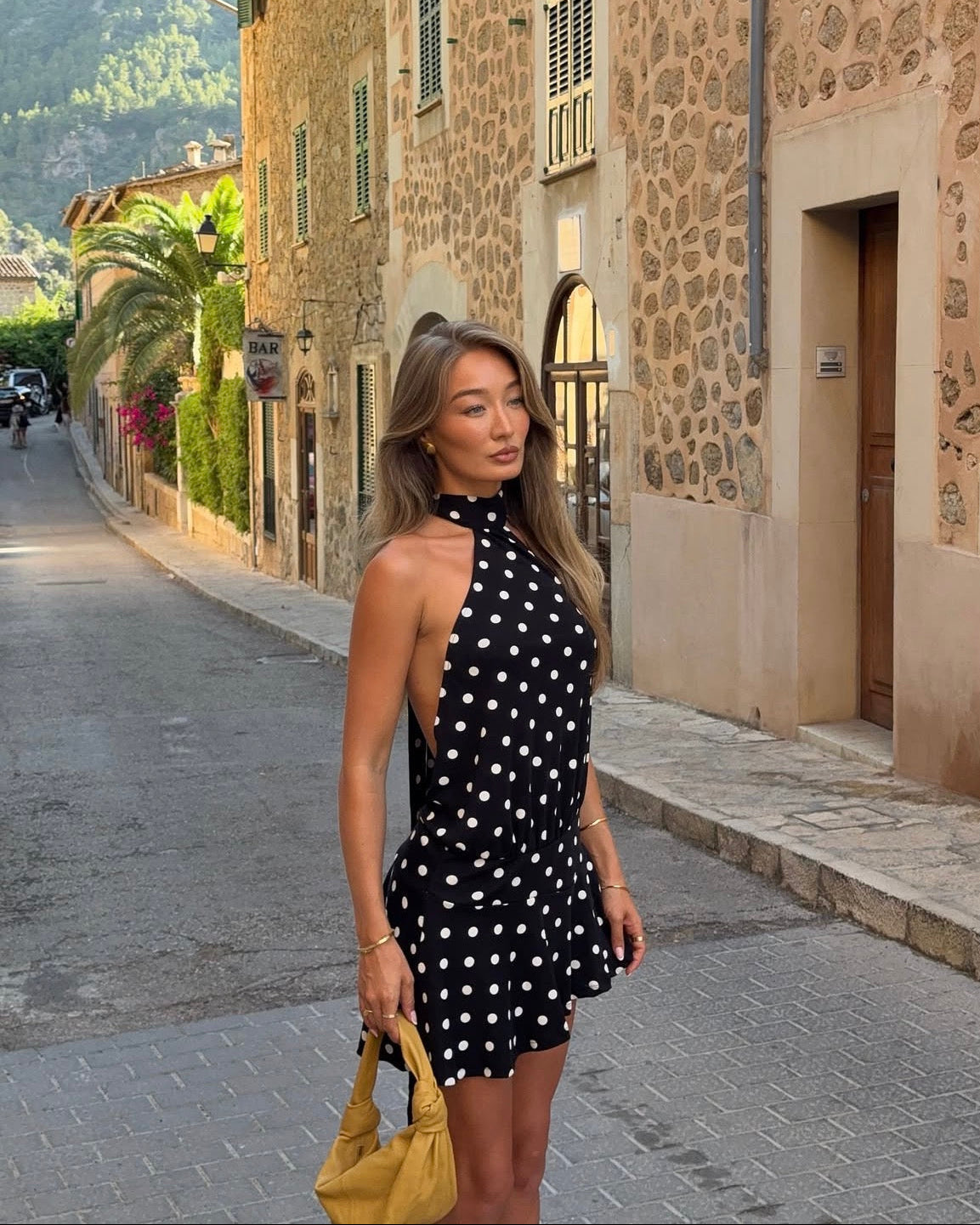 Polka Dot Halter Neck Open Back Drop Waist Mini Dress