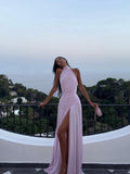 Halter Neck Gathered Bodice High Slit Flowy Maxi Dress - Wedding Guest