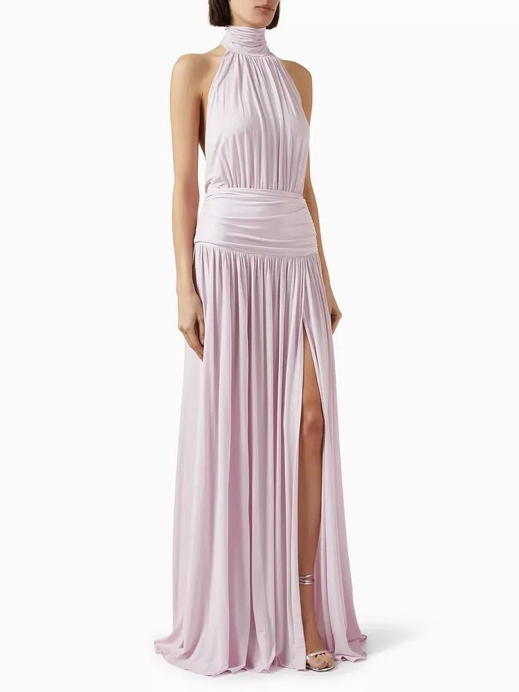 Halter Neck Gathered Bodice High Slit Flowy Maxi Dress - Wedding Guest