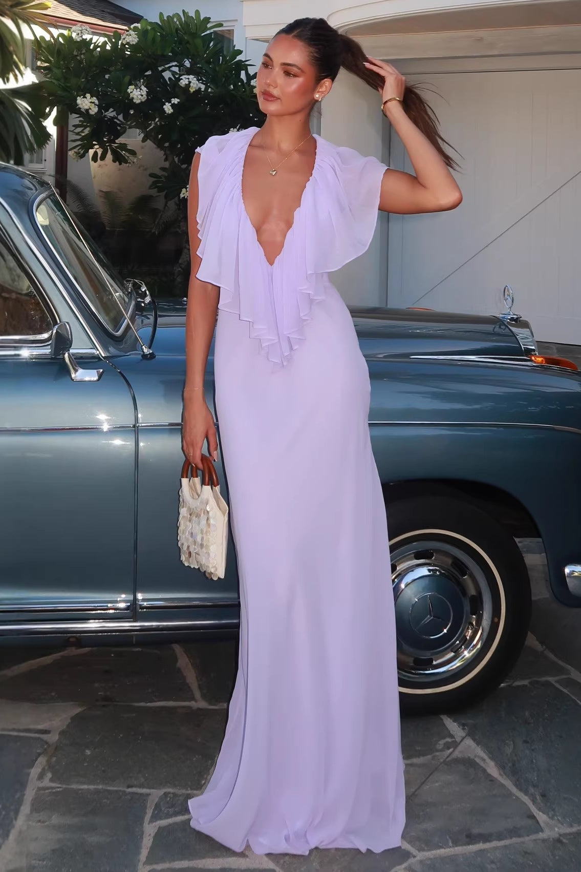 Deep V Neck Cascading Ruffle Sleeveless Chiffon Maxi Dress - Wedding Guest