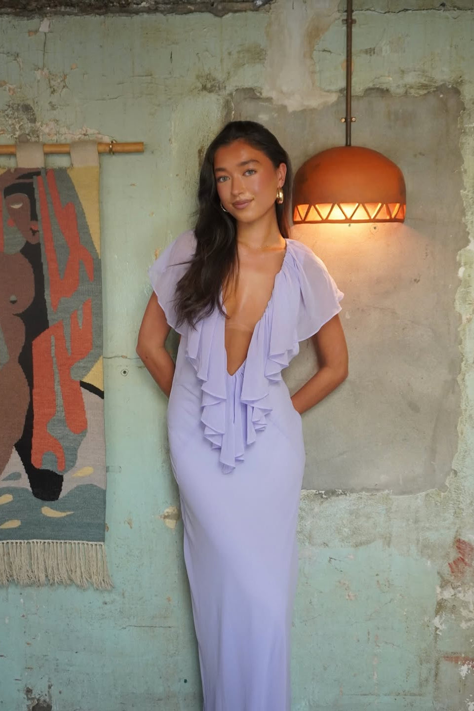 Deep V Neck Cascading Ruffle Sleeveless Chiffon Maxi Dress - Wedding Guest