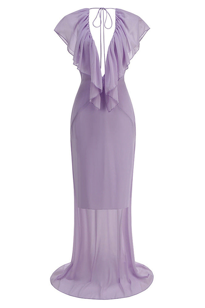 Deep V Neck Cascading Ruffle Sleeveless Chiffon Maxi Dress - Wedding Guest