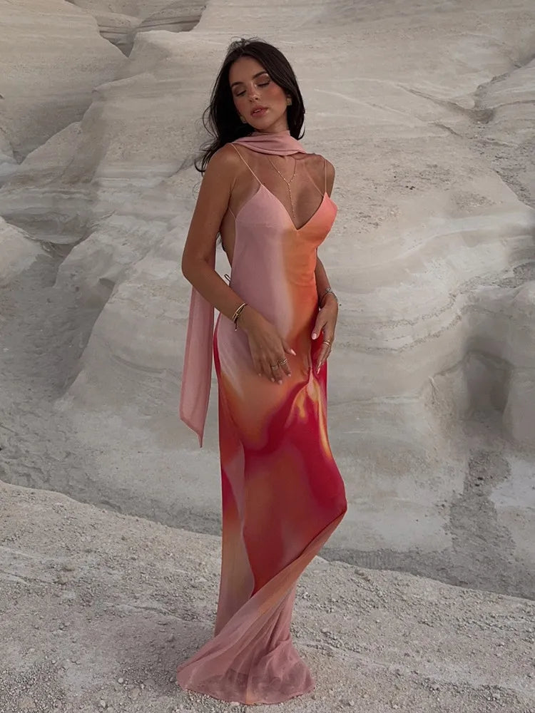 Ombre Print Spaghetti Strap Scarf Neck Satin Slip Maxi Dress