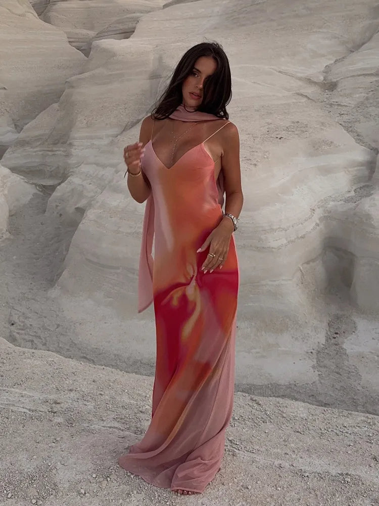 Ombre Print Spaghetti Strap Scarf Neck Satin Slip Maxi Dress