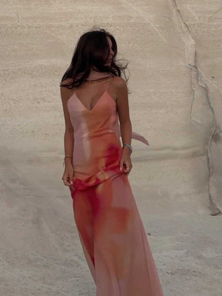 Ombre Print Spaghetti Strap Scarf Neck Satin Slip Maxi Dress