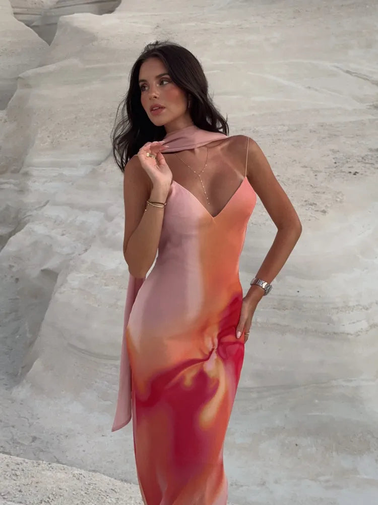 Ombre Print Spaghetti Strap Scarf Neck Satin Slip Maxi Dress