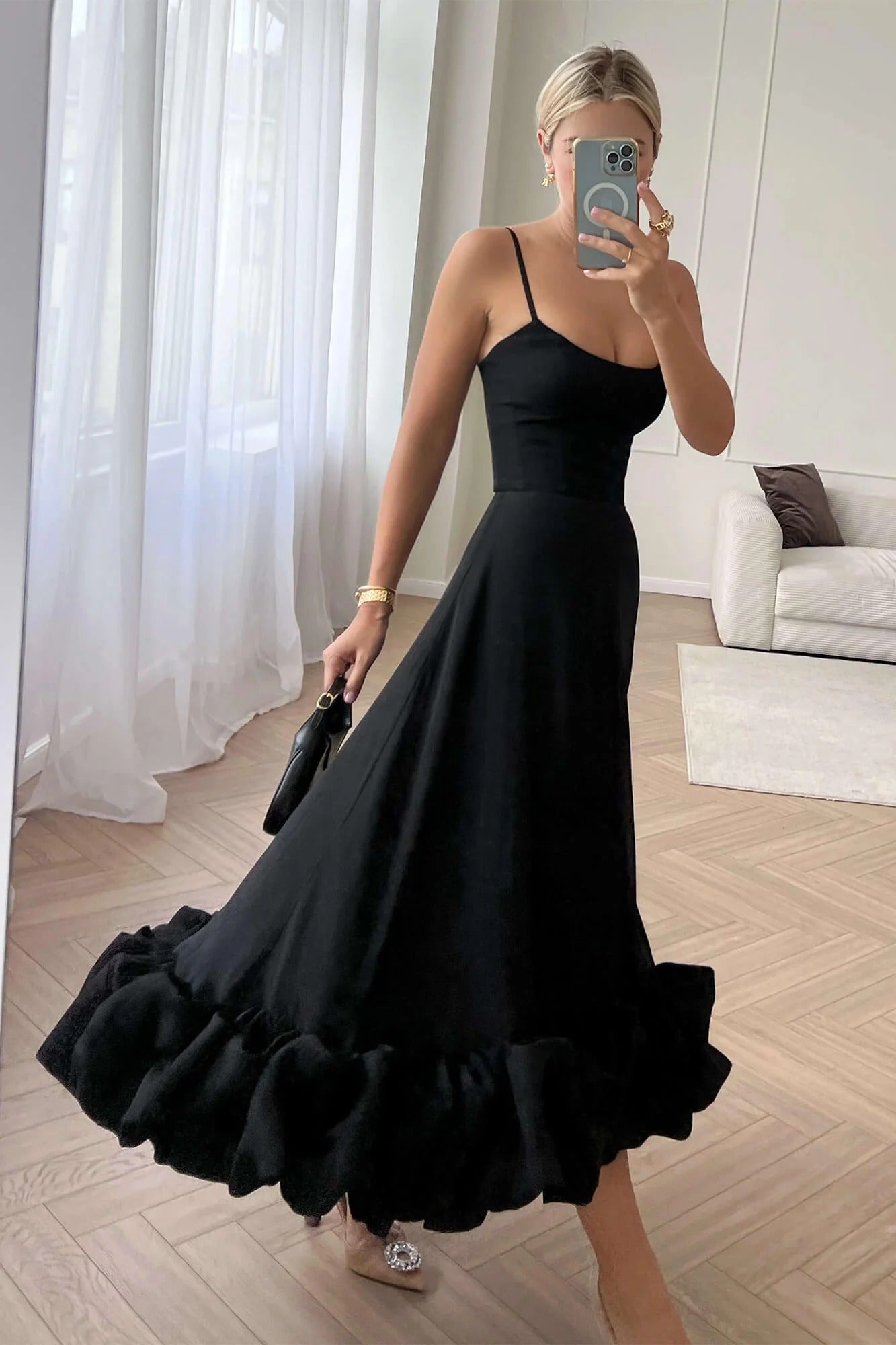 Ruffle Hem Spaghetti Strap A Line Maxi Dress - Formal Evening Gown