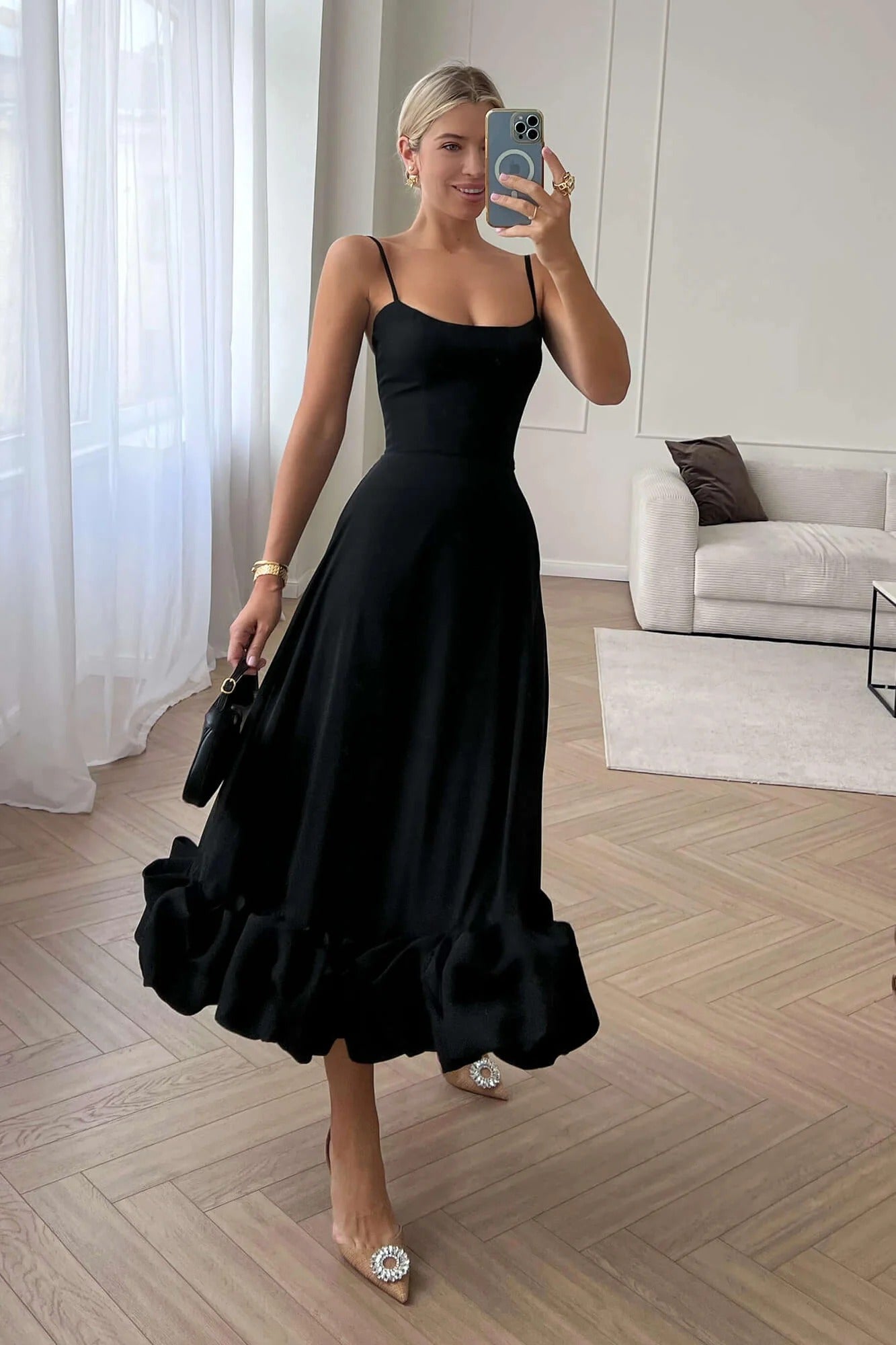 Ruffle Hem Spaghetti Strap A Line Maxi Dress - Formal Evening Gown