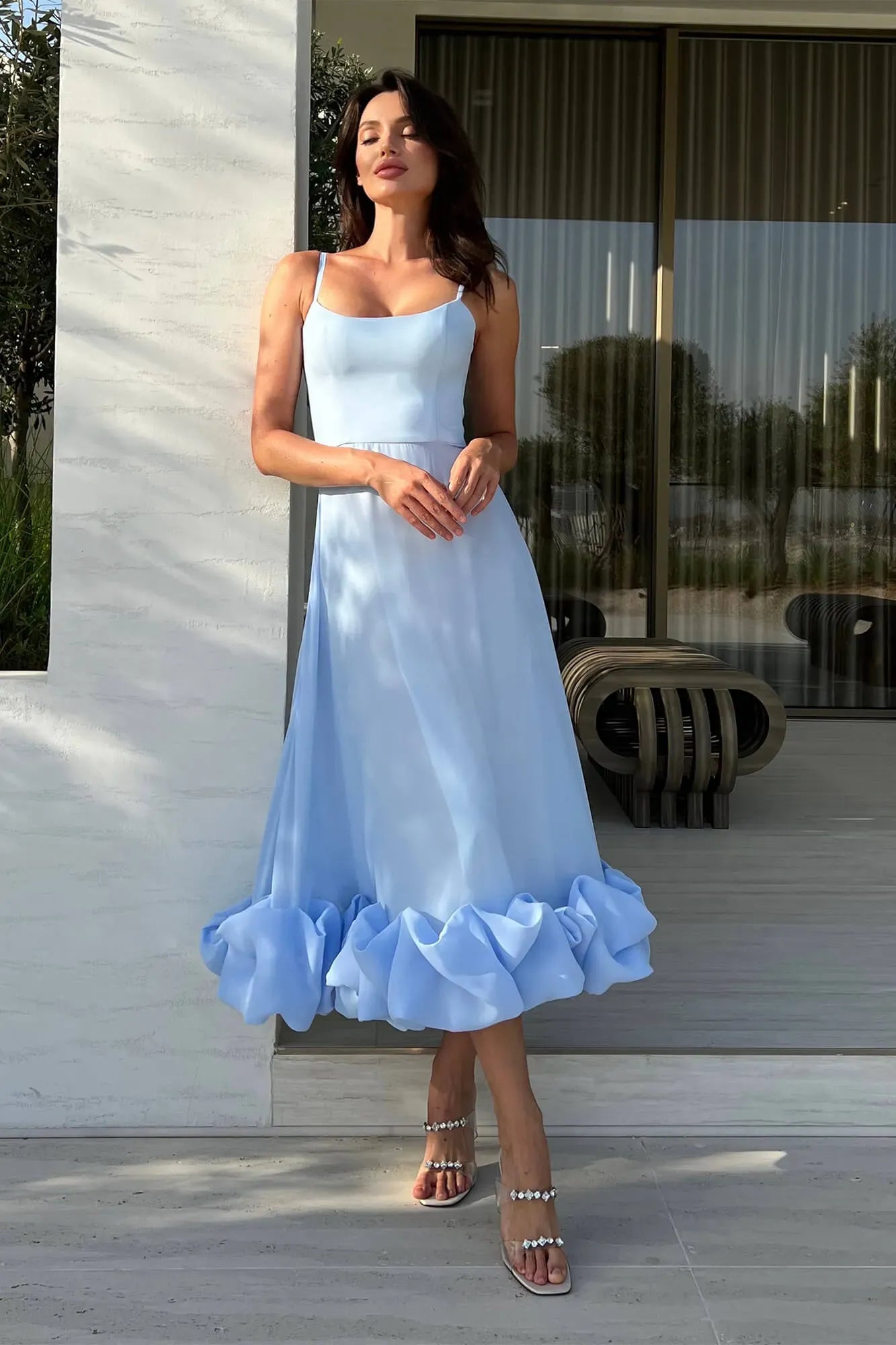 Ruffle Hem Spaghetti Strap A Line Maxi Dress - Formal Evening Gown