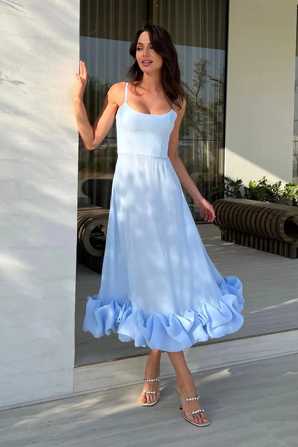 Ruffle Hem Spaghetti Strap A Line Maxi Dress - Formal Evening Gown