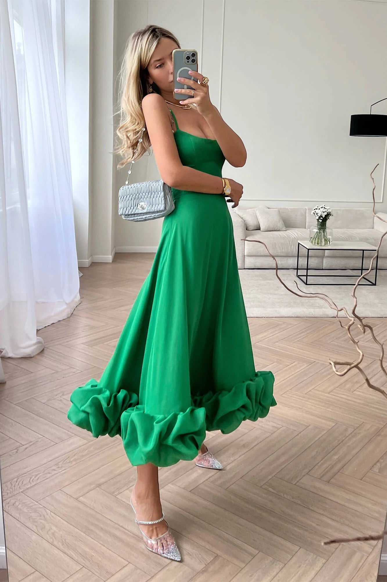 Ruffle Hem Spaghetti Strap A Line Maxi Dress - Formal Evening Gown