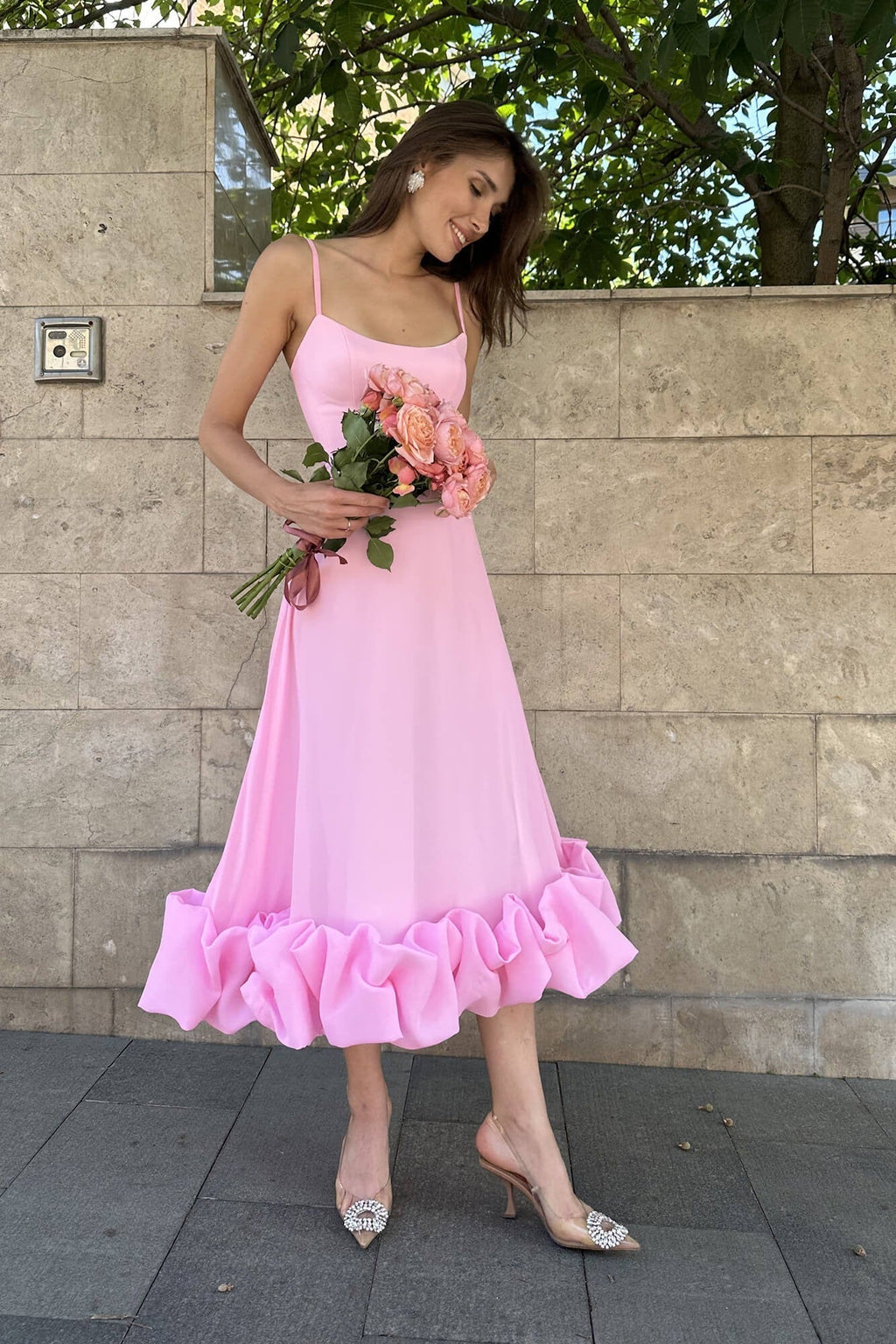 Ruffle Hem Spaghetti Strap A Line Maxi Dress - Formal Evening Gown