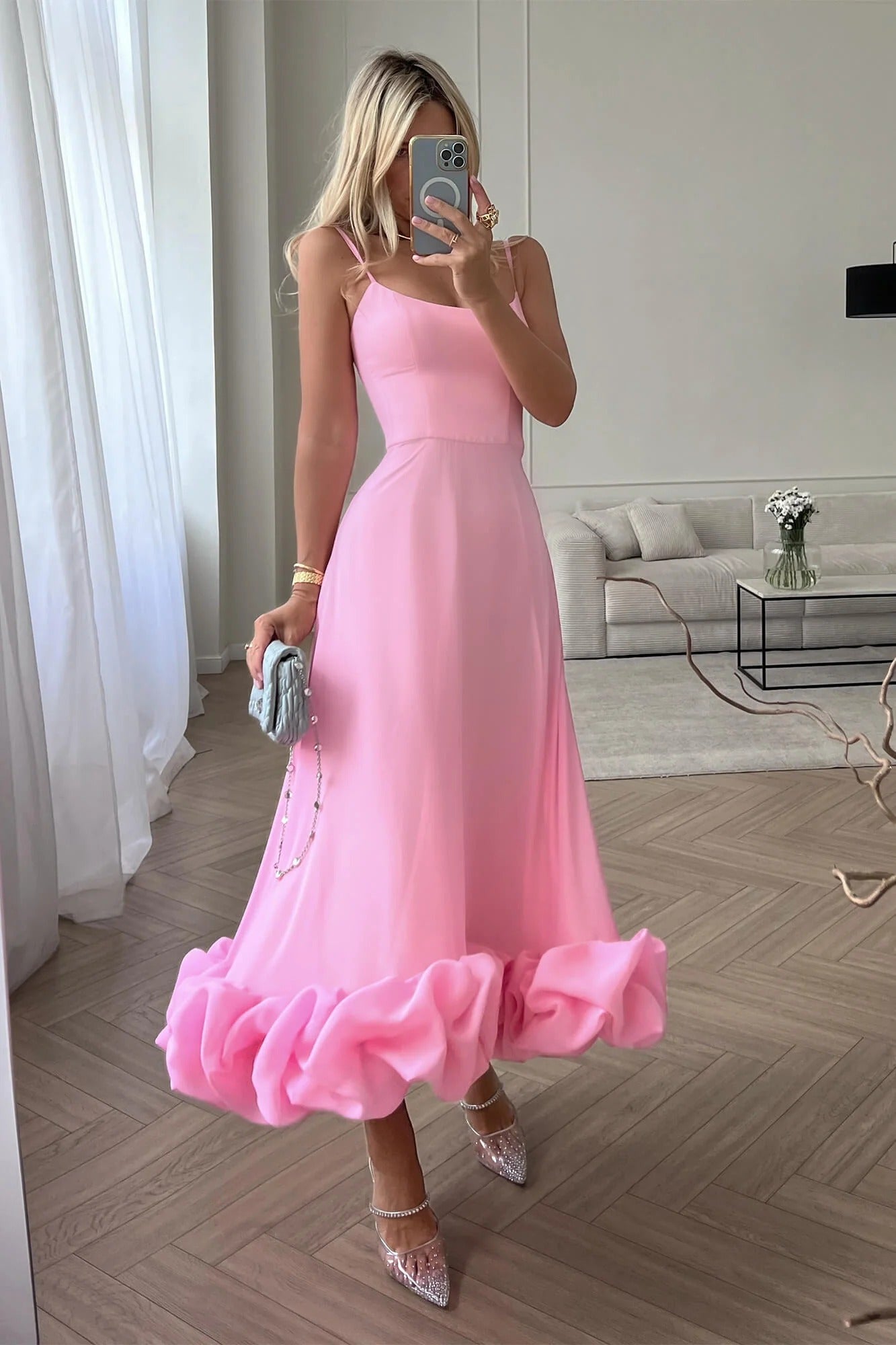 Ruffle Hem Spaghetti Strap A Line Maxi Dress - Formal Evening Gown