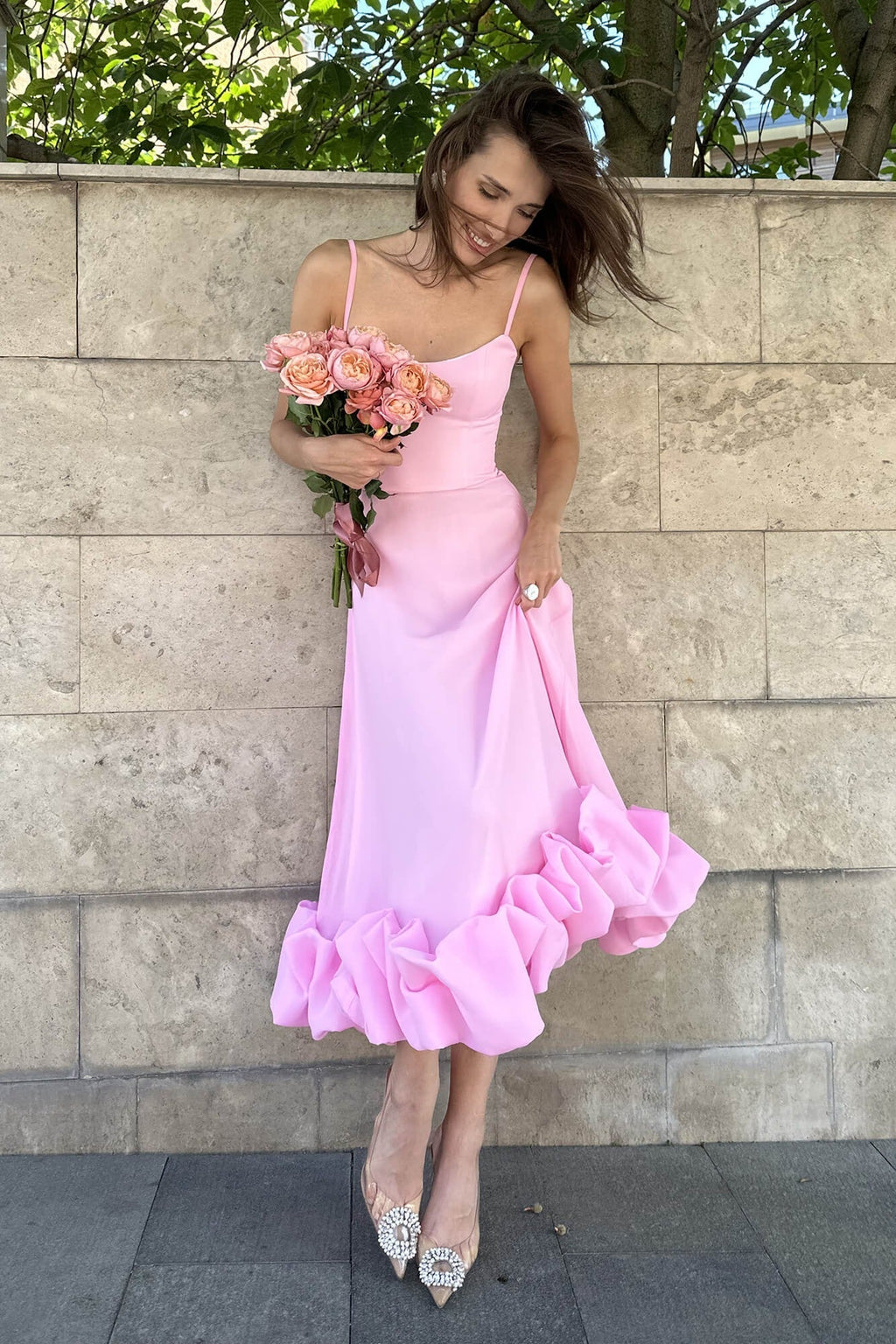 Ruffle Hem Spaghetti Strap A Line Maxi Dress - Formal Evening Gown