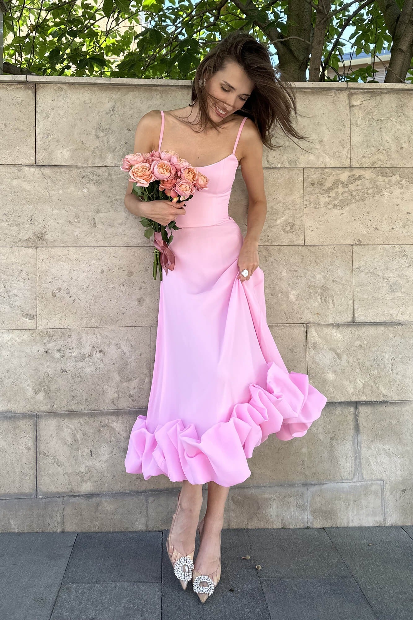 Ruffle Hem Spaghetti Strap A Line Maxi Dress - Formal Evening Gown