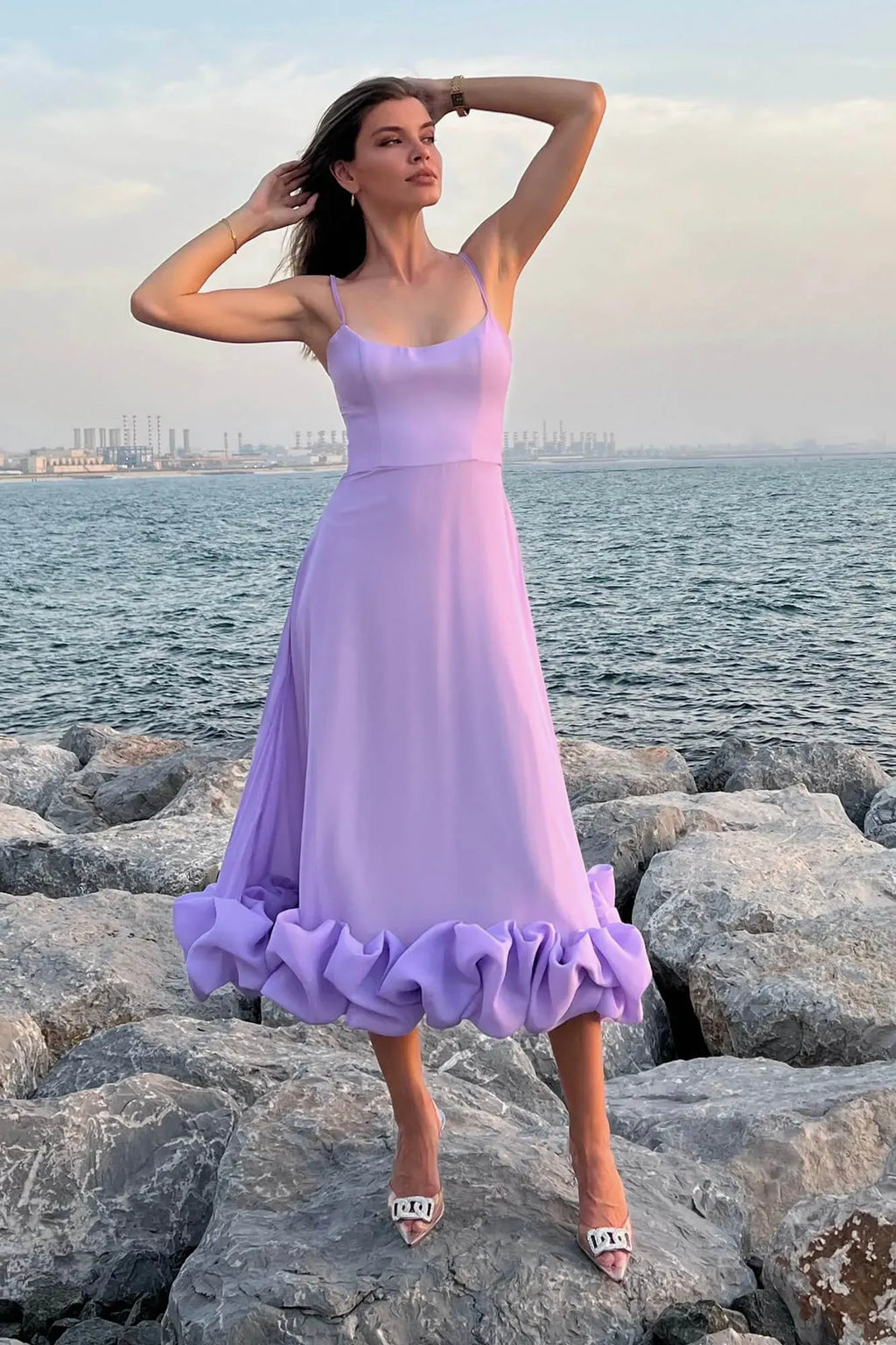 Ruffle Hem Spaghetti Strap A Line Maxi Dress - Formal Evening Gown