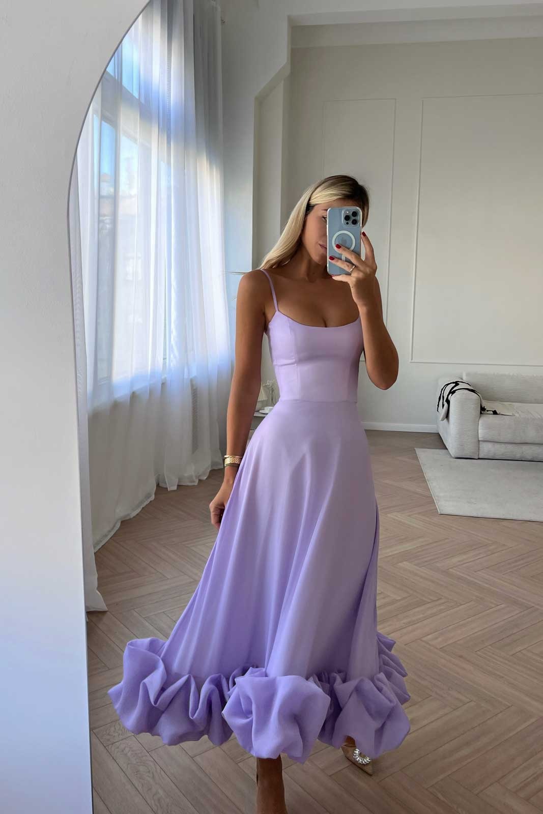 Ruffle Hem Spaghetti Strap A Line Maxi Dress - Formal Evening Gown