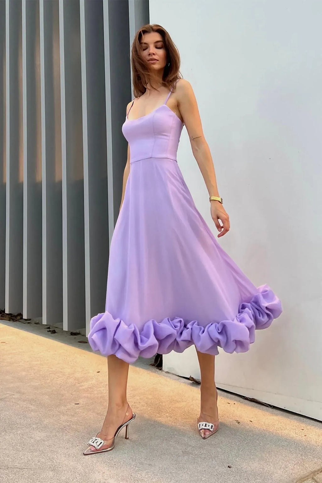 Ruffle Hem Spaghetti Strap A Line Maxi Dress - Formal Evening Gown