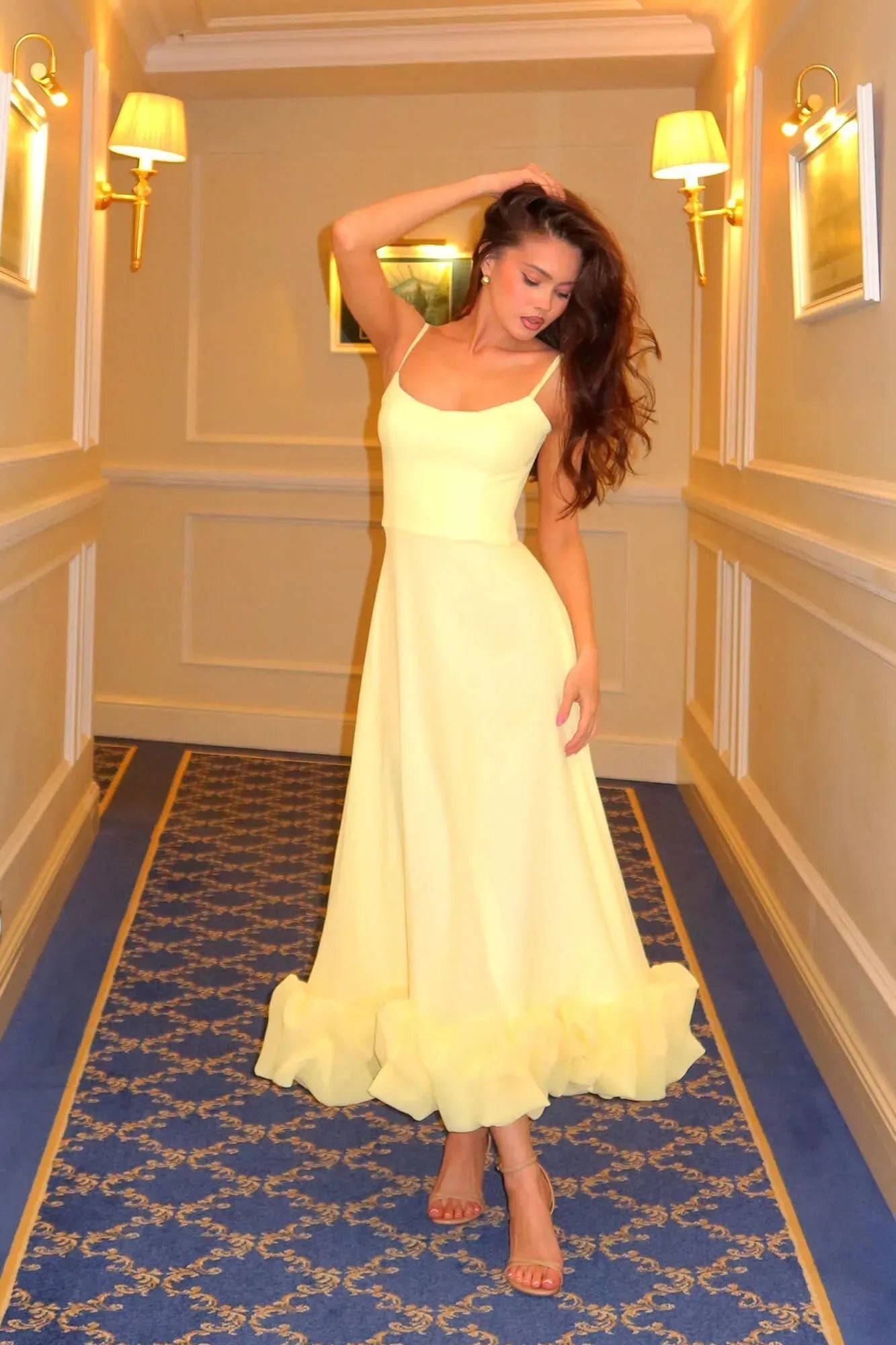 Ruffle Hem Spaghetti Strap A Line Maxi Dress - Formal Evening Gown