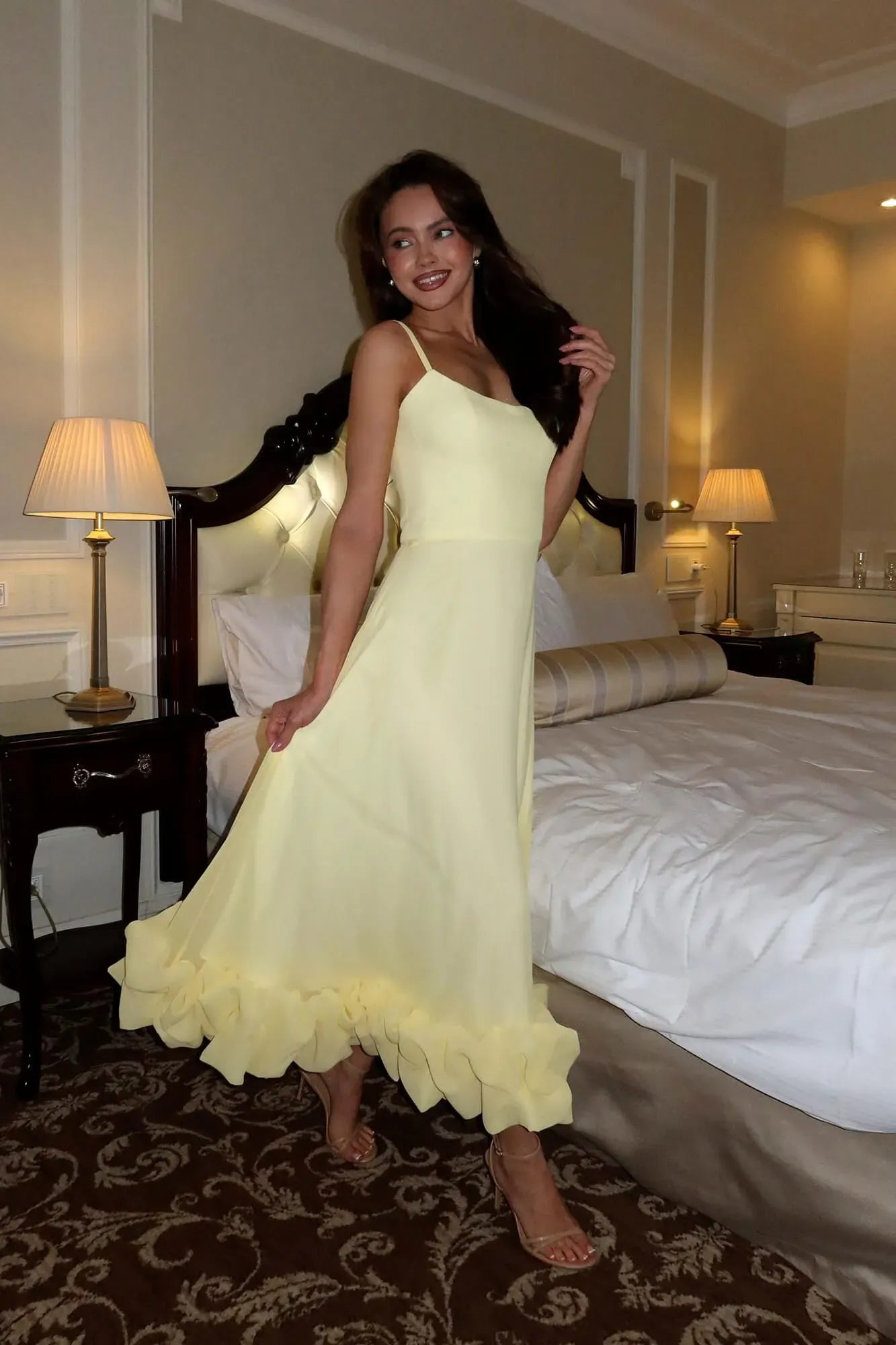 Ruffle Hem Spaghetti Strap A Line Maxi Dress - Formal Evening Gown