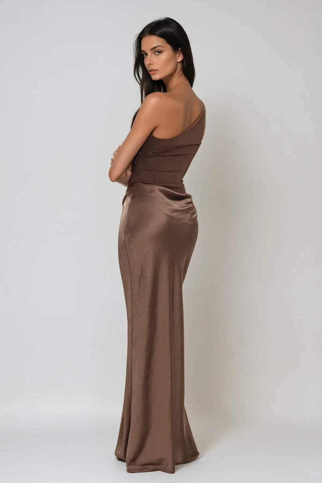One Shoulder Draped Jersey Bodice Satin Skirt Mermaid Maxi Dress - Wedding Guest