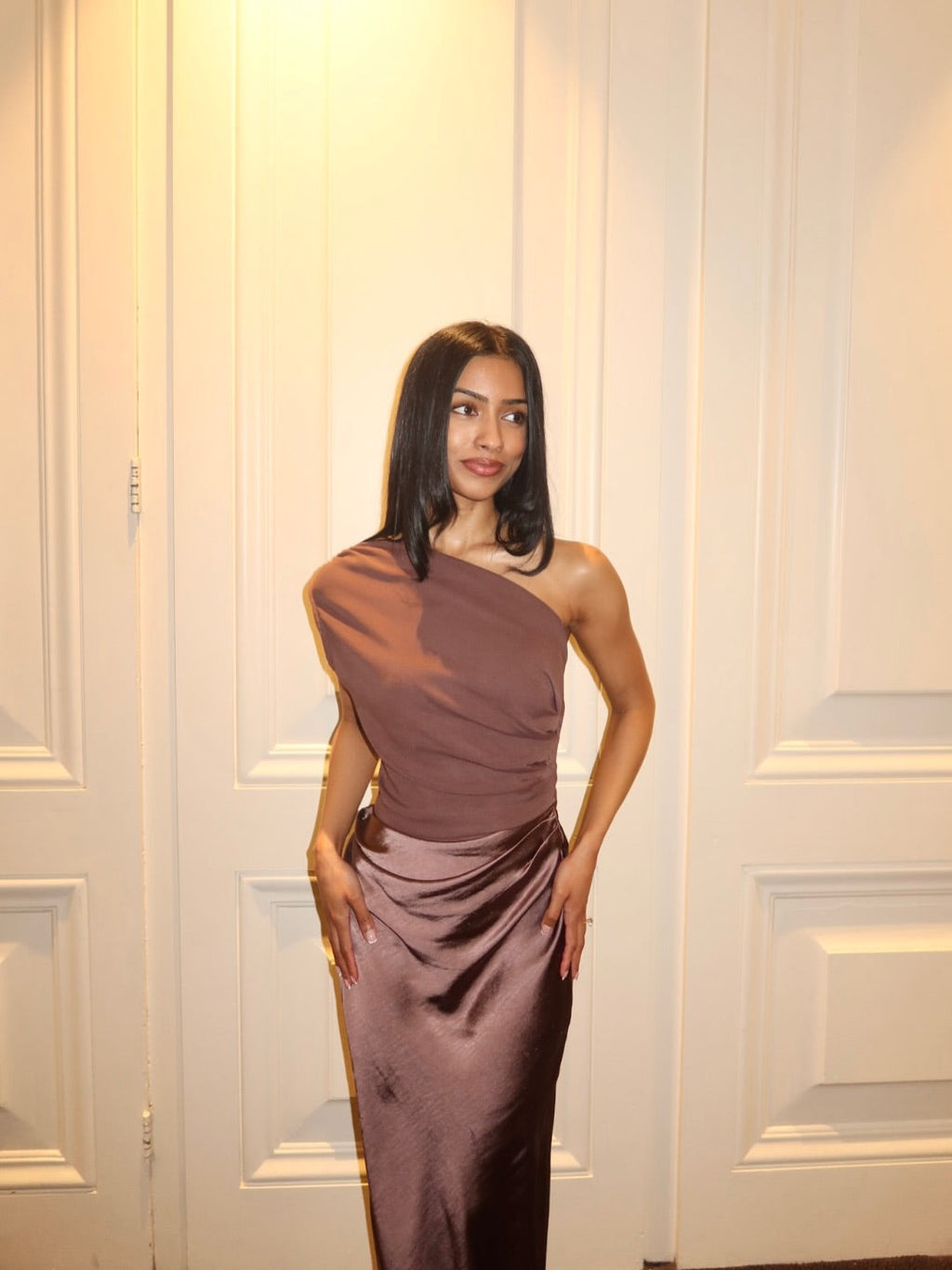 One Shoulder Draped Jersey Bodice Satin Skirt Mermaid Maxi Dress - Wedding Guest