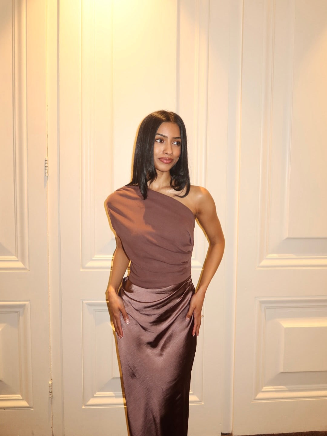 One Shoulder Draped Jersey Bodice Satin Skirt Mermaid Maxi Dress - Wedding Guest
