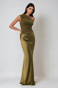 One Shoulder Draped Jersey Bodice Satin Skirt Mermaid Maxi Dress - Wedding Guest
