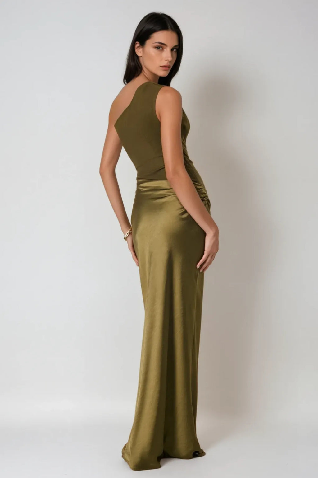 One Shoulder Draped Jersey Bodice Satin Skirt Mermaid Maxi Dress - Wedding Guest