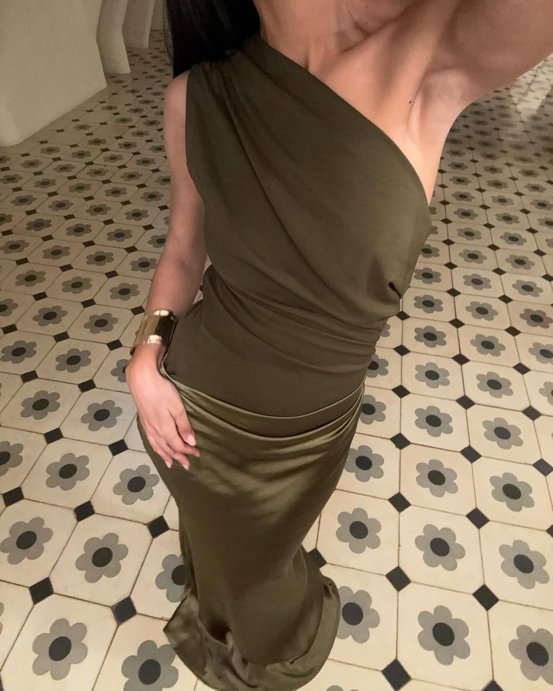 One Shoulder Draped Jersey Bodice Satin Skirt Mermaid Maxi Dress - Wedding Guest