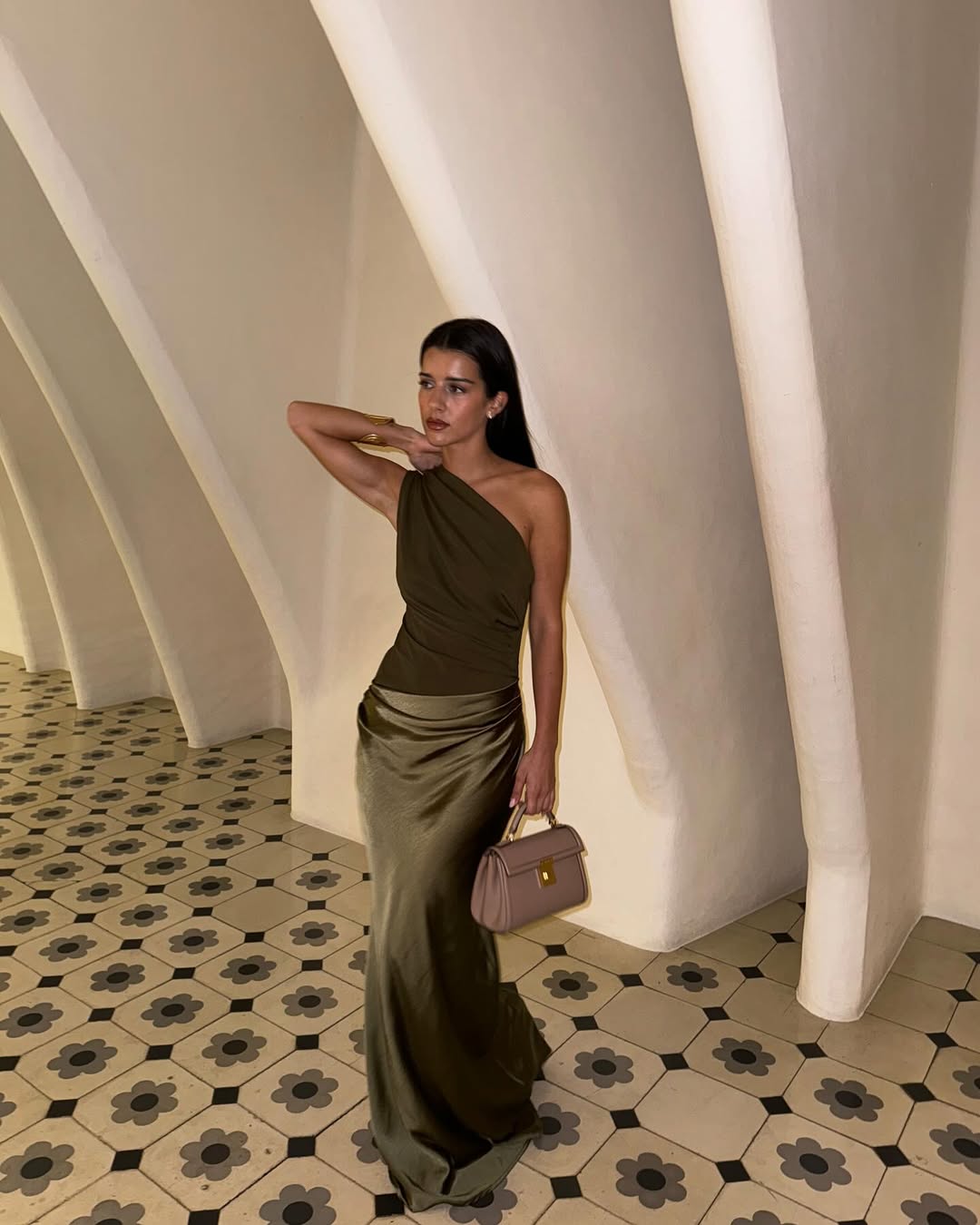 One Shoulder Draped Jersey Bodice Satin Skirt Mermaid Maxi Dress - Wedding Guest