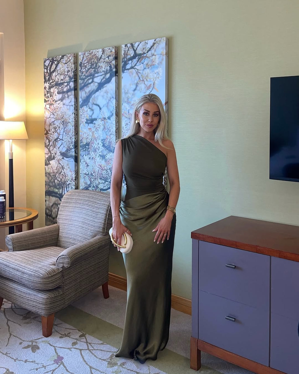 One Shoulder Draped Jersey Bodice Satin Skirt Mermaid Maxi Dress - Wedding Guest