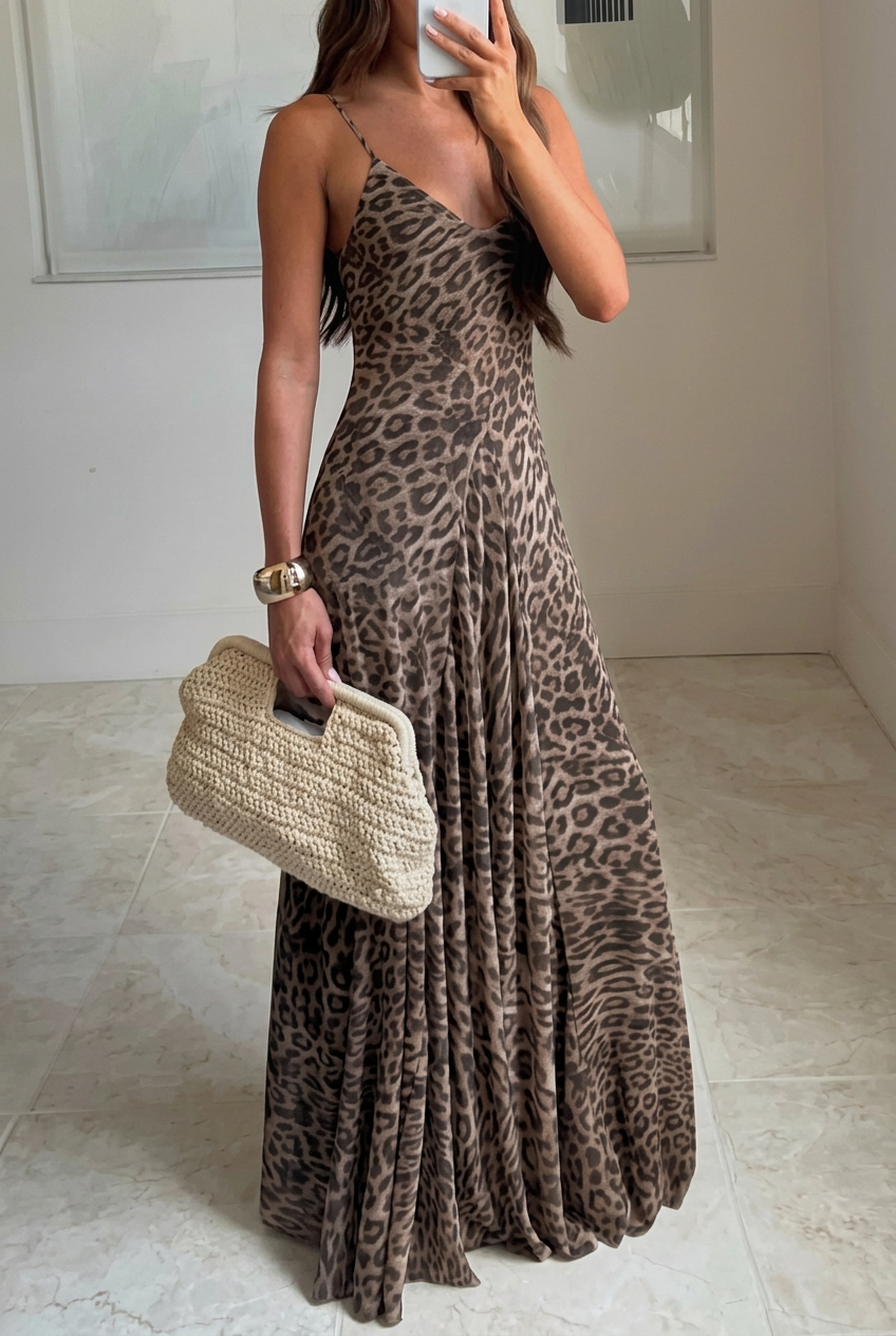 Leopard Print Spaghetti Strap V Neck Flowy Maxi Dress - Summer