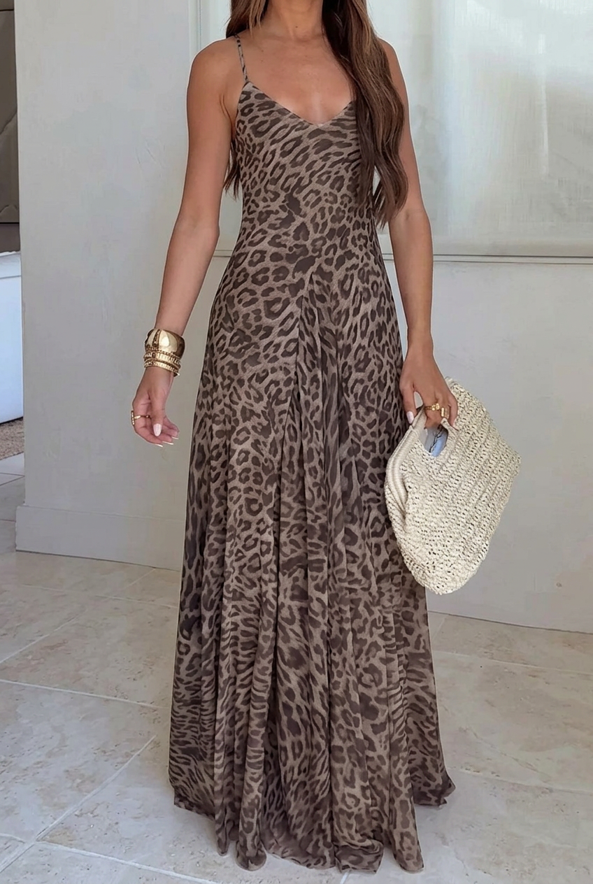Leopard Print Spaghetti Strap V Neck Flowy Maxi Dress - Summer