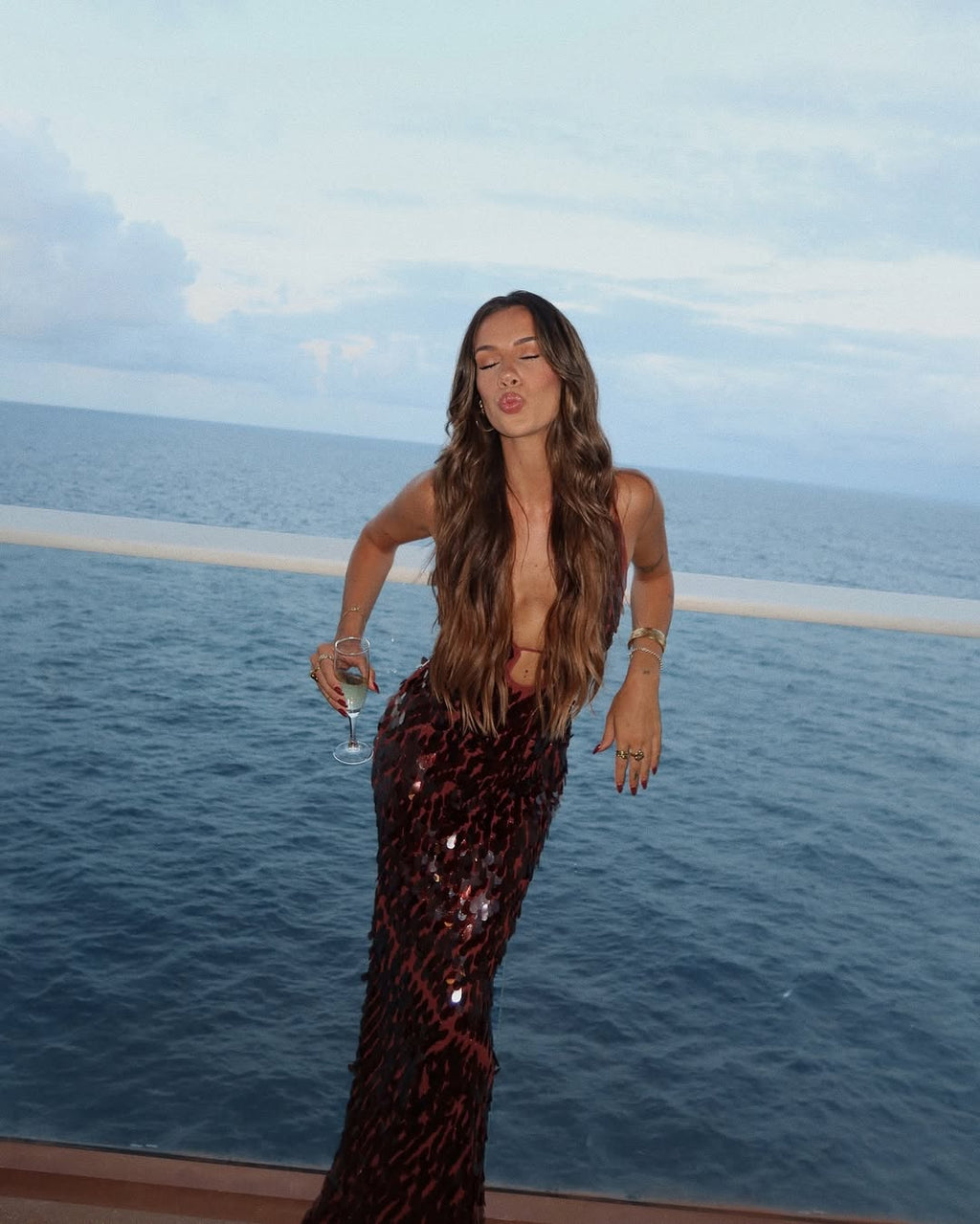 Petal Sequin Embellished Plunge V Neck Column Maxi Dress - Formal Evening Gown