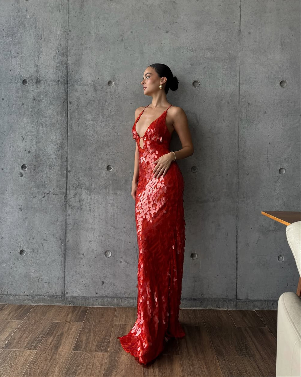Petal Sequin Embellished Plunge V Neck Column Maxi Dress - Formal Evening Gown