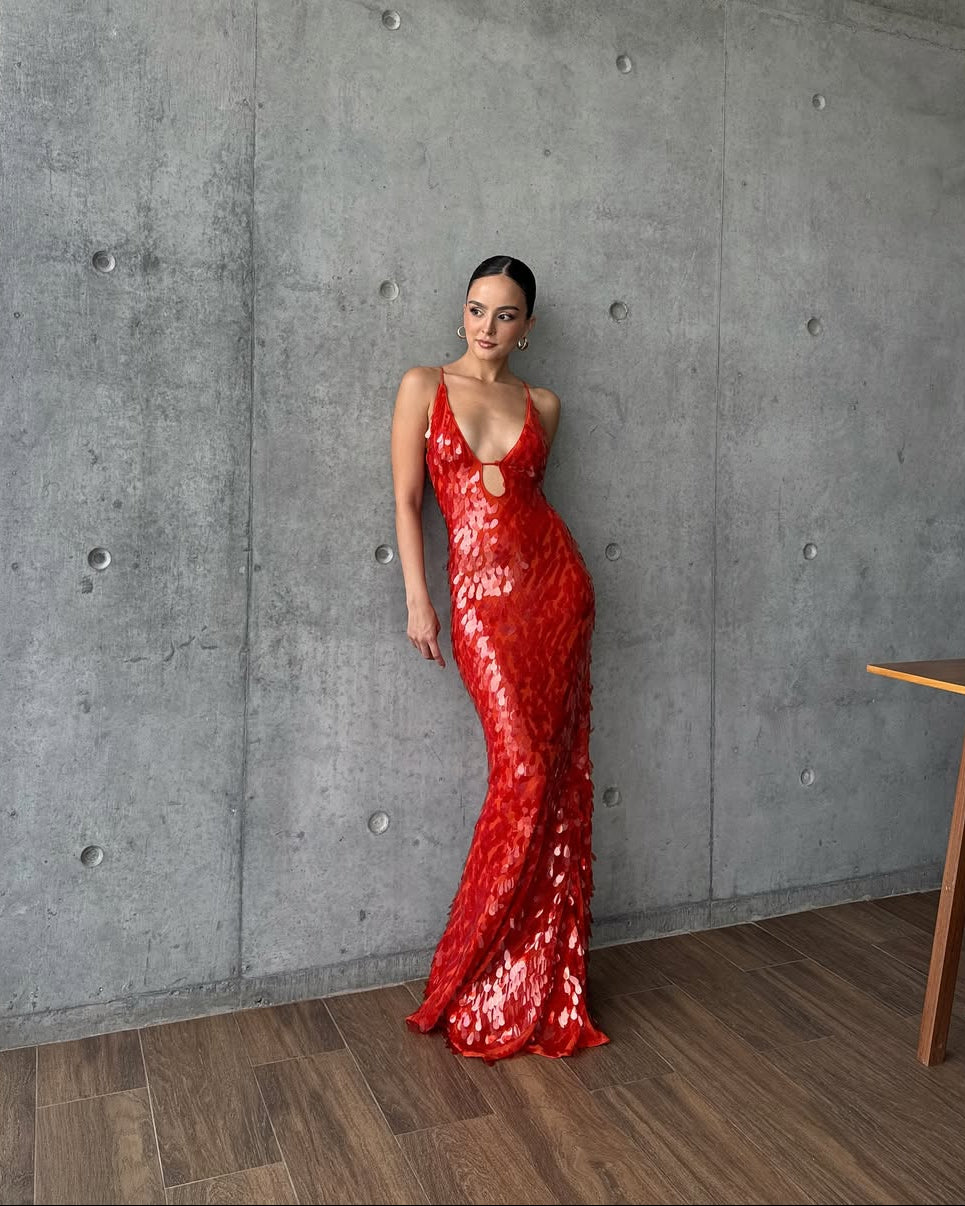 Petal Sequin Embellished Plunge V Neck Column Maxi Dress - Formal Evening Gown
