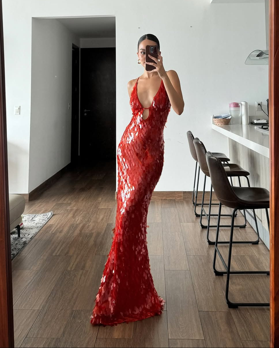 Petal Sequin Embellished Plunge V Neck Column Maxi Dress - Formal Evening Gown