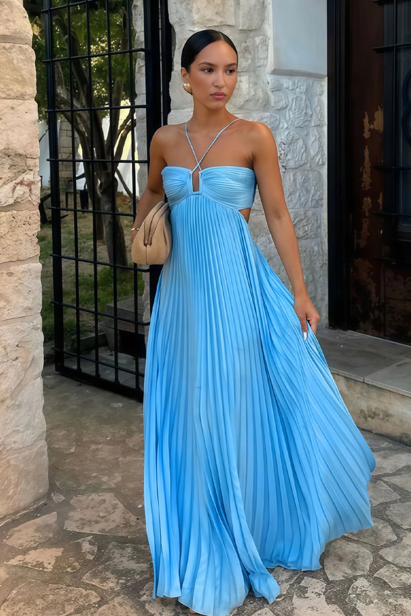 Pleated Ruched Halter Cut Out Flowy Maxi Dress - Wedding Guest