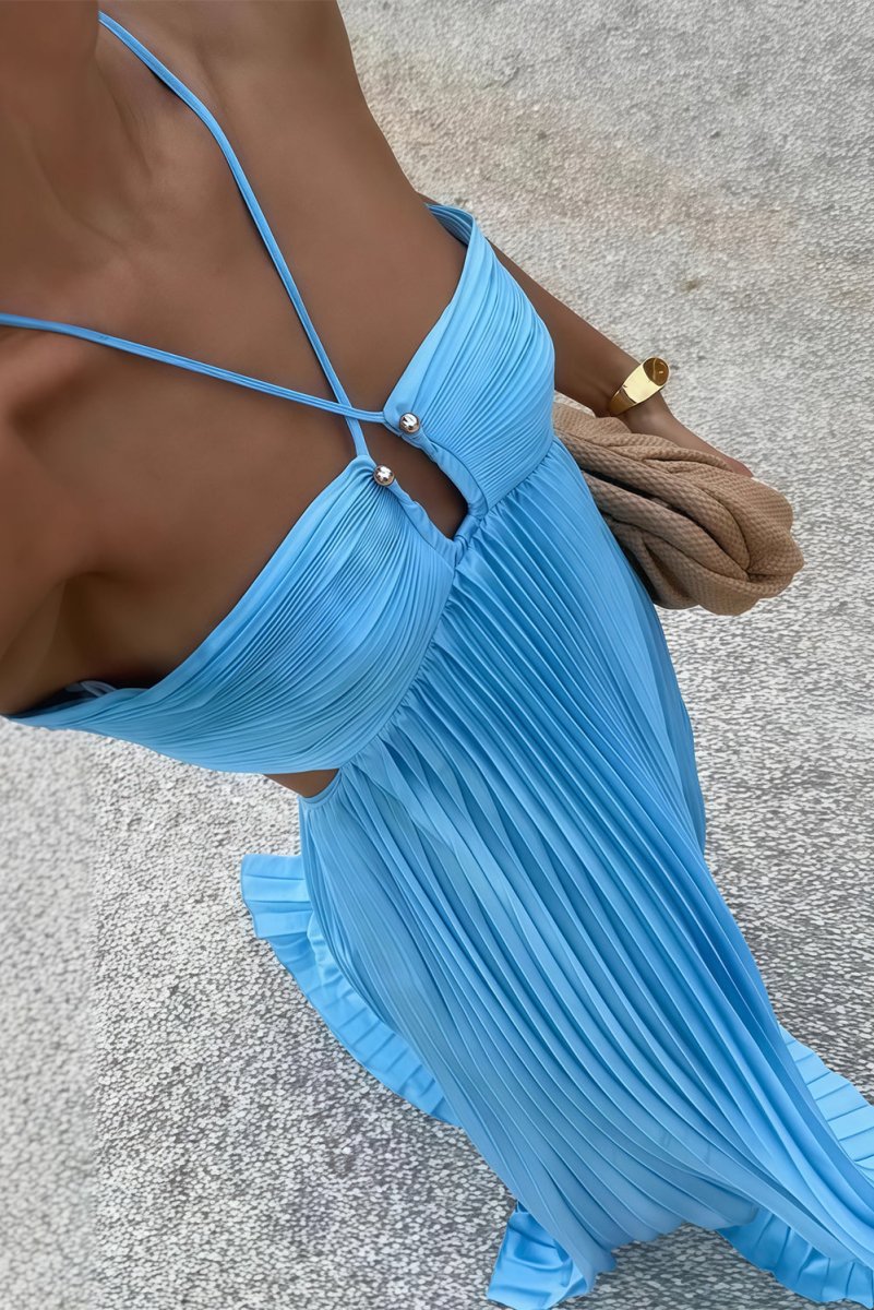 Cross Strap Halter Ruched Bust Cut Out Pleated Flowy Maxi Dress - Wedding Guest