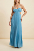 Cross Strap Halter Ruched Bust Cut Out Pleated Flowy Maxi Dress - Wedding Guest